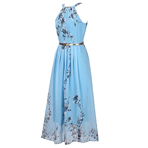 Azul royal verão outono meninas sem mangas frente única frente única gola redonda chiffon gráfico fl