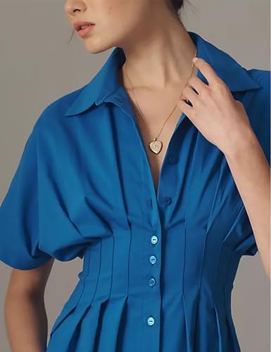 Image of Yeokou Shirt Dress for Women Summer Casual Short Sleeve Button Down Loose Pleated Maxi Sundress with Pockets