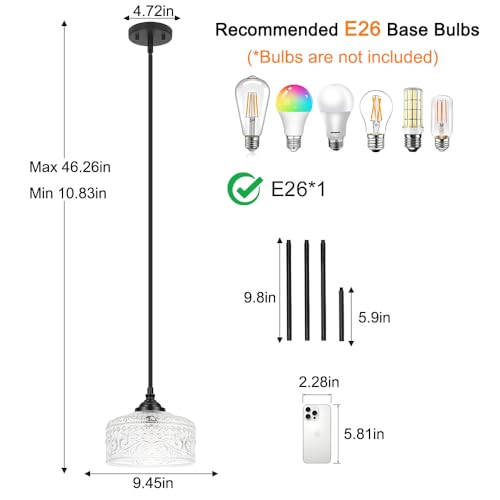 Black Vintage Pendant Lights Kitchen Island, Adjustable Height Kitchen Island Lighting, Bathroom Pendant Light with Clear Glass Shade- Dual Mount Ceiling & Hanging Fixtures with 90° Swivel for Decor by Daunton - Image 5