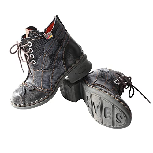 TMA EYES Women's Ankle Boots Low Heel Lace-up Side Zipper Fashion Leather Booties4