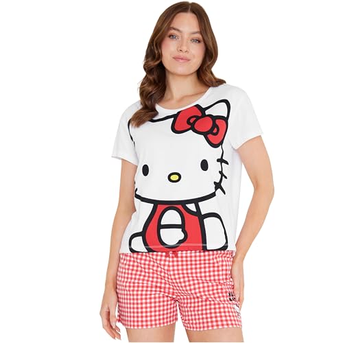 Hello Kitty Womens Pajamas Short Sleeve Anime Summer PJs Kawaii Clothes Cute Pajama Set (L, White/Pink)