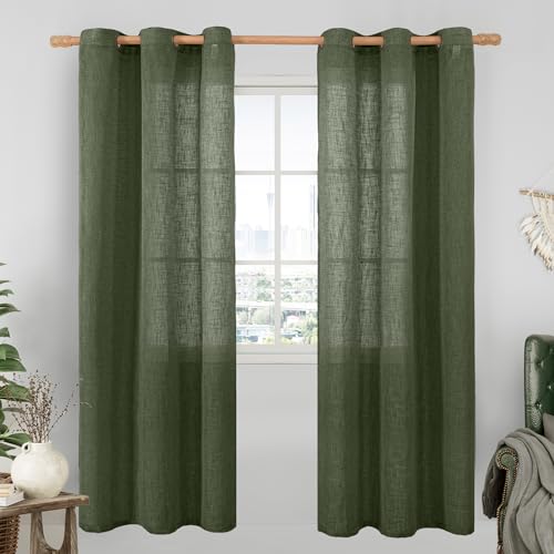 Image of LAMIT Olive Green Linen Curtains 80 Inch Length 2 Panels Set for Living Room, Linen Textured Light Filtering Drapes for Bedroom Country Semi Sheer Window Treatments with Bronze Grommet, 34 x 80 Inch