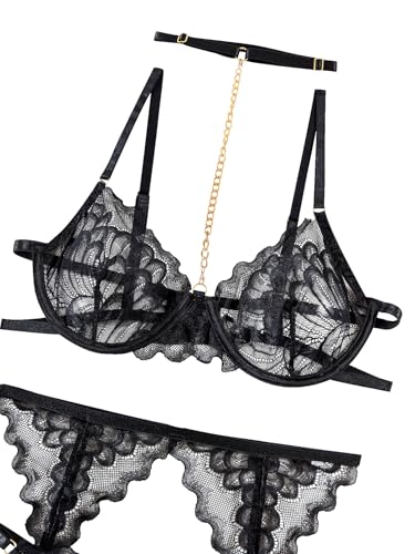 Image of Lilosy Sexy Choker Floral Lace Scallop Sheer Underwire Push Up Garter Belt Lingerie Set 3 Piece