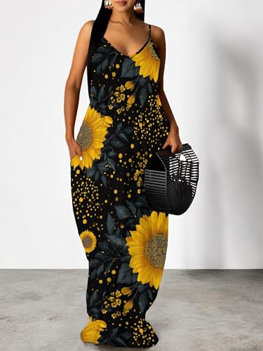 Image of Women's Summer Maxi Dress Spaghetti Strap Floral Boho Beach Long Sundress with Pockets