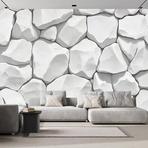 Papel Pintado Pared 3D Papel Tapiz， Piedra Blanca Muro De Piedra Paisaje tejido seda Fotomurales 3D Papel Pintado Pared Dormitorio Murales Wallpaper 300×210 cm
