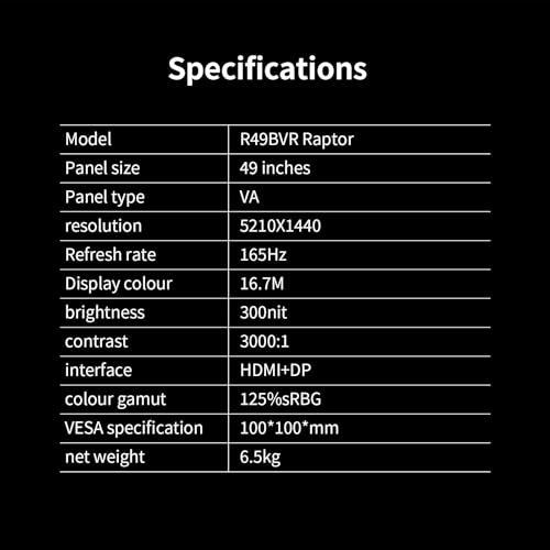 Reletech 49 inch Ultra-Wide Curved Gaming Monitor 165Hz, 5K (5120&times;1440) Resolution,1500R 1ms Fast Response, FreeSync, 125% sRGB HDR Color Display, 2*HDMI & 2*DP, VESA Mount Compatible (R49BVR Raptor)