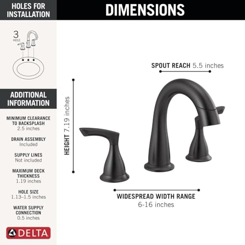 Delta Broadmoor Matte Black Bathroom Faucet with Sprayer, 8 Inch 3 Hole Widespread Bathroom Sink Faucet with Pull Out Sprayer, Push-Pop Drain, Matte Black 35765LF-BLPD thumbnail 3