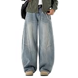 [Manatsulife] デニムパンツ メンズ ワイド ジーンズ 古着風 バレルシルエット 多段切替 ルーズ K2469 (XL, ブルー)