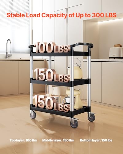 VEVOR-Utility-Cart-300-lbs-Load-Capacity-3-Tier-Utility-Plastic-Cart-with-360-Swivel-Wheels-2-with-Brakes-244-x-161-inch-Food-Service-Cart-for-Warehouse-Office-Home-Restaurant-Kitchen-Utility-Cart-Equ