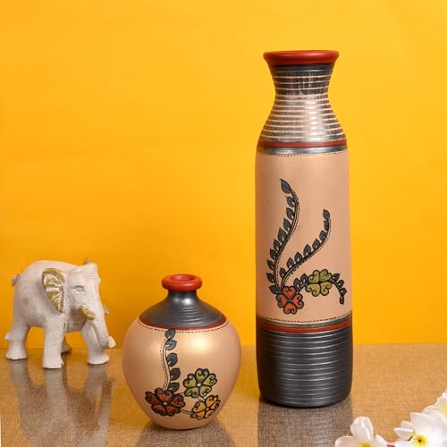 Image of Aakriti Art Creations Vase Earthen Simmer Gold Madhubani (Set of 2)
