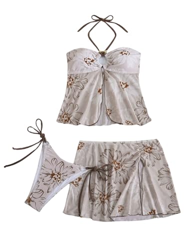 Bikini floral 3 pièces avec paréo jupe pour masquer les hanches