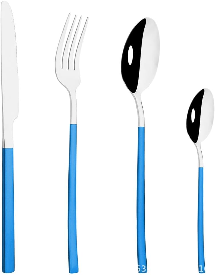 Silverware Flatware Set, 4/16/24/32/40/48 Pieces White Gold Stainless Steel Cutlery Square Handle Steak Knife, Fork And Spoon Set(Blue Silve,6Set-24Pcs)