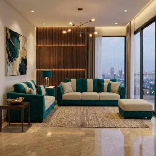 Image of Revo Plush Comfort Sofa Set | 3 Seater + 2 Seater with Ottoman | Luxury Velvet Suede Fabric | Modern Living Room Sofa | Green Teal - Cream