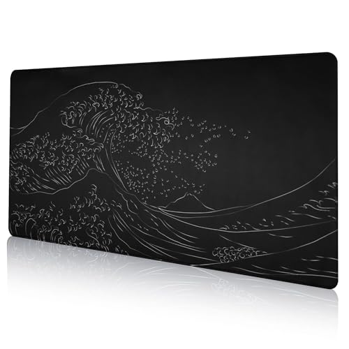 DAWNTREES Long Mouse Mat,90x40 cm,Black Gaming,Japanese Sea Wave Extended Kanagawa Mat Desk Pad,3mm Thick Long Non-Slip Rubber Base Mice Pad
