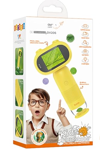 Çocuklar için 500X 2'' LCD Dijital Mikroskop, HD Kamera ve Video, Slaytlar, Işıklı, Sarı
