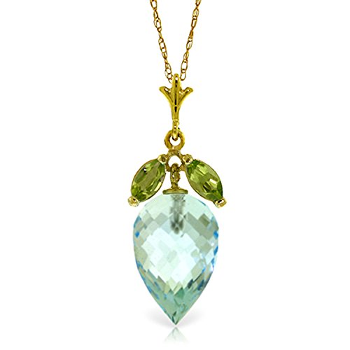 Galaxy Gold GG 14k Solid Gold Necklace with Peridots and Pointy Briolette Drop Blue Topaz