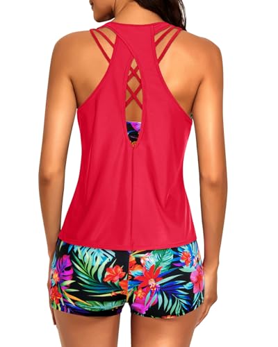 Image of 3 Piece Tankini Long Sleeve Swimsuits Athletic Rash Guard Bathing Suits | Modest,Full Coverage,High Waisted Short,Quick Dry,Criss Cross Back