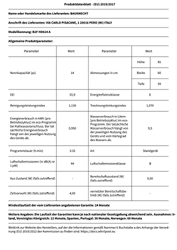 Bauknecht B2F HD624 A Freistehender Geschirrspüler/ 60 CM/ 14 Maßgedecke/Hygieneprogramm/Vollwasserschutz/Startzeitvorwahl