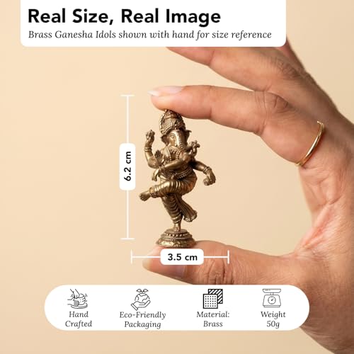Image of Ekhasa 100% Pure Brass Dancing Ganesha Idol (Size: 6.2cm) | Pital Ganesh Murti for Pooja Room, Home Decor, Office Desk and Car Dashboard | Vinayagar Statue for Diwali Puja