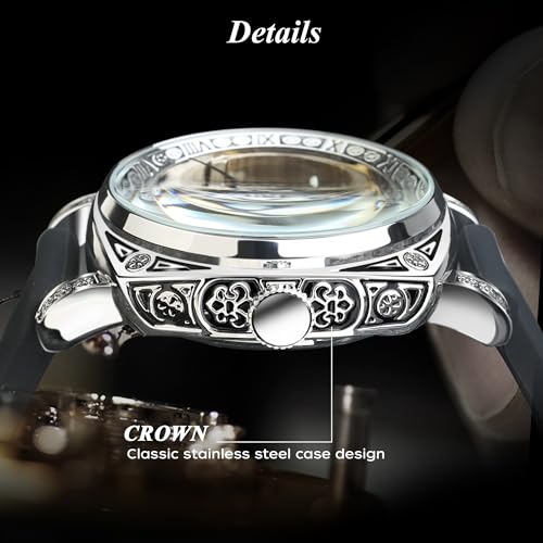 Image of FORSINING Fancy Watches for Men, Square Retro Mechanical Watch Self-Wind Carved, Gear Movement Golden Skeleton Automatic Watches Vintage Leather Strap Wrist Watch