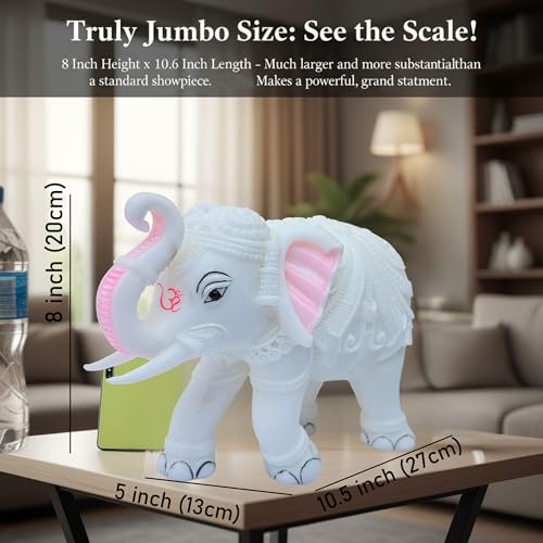 Elegant White Jumbo Elephant Statue Trunk Up | Handcrafted Marble Dust Decorative Piece for Prosperity Good Fortune | Impressive Housewarming & Diwali Gift (8 x 10.5 inch) — photo — 8 of 9