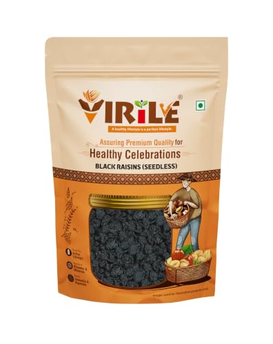 Image of VIRILE Premium Seedless Black Raisins 400g (Pack of 2) | Kali Kishmish /Kismis | Dry Fruits, Healthy Snacks | High in Antioxidants, Fiber & Potassium | Naturally Sweet & Tasty