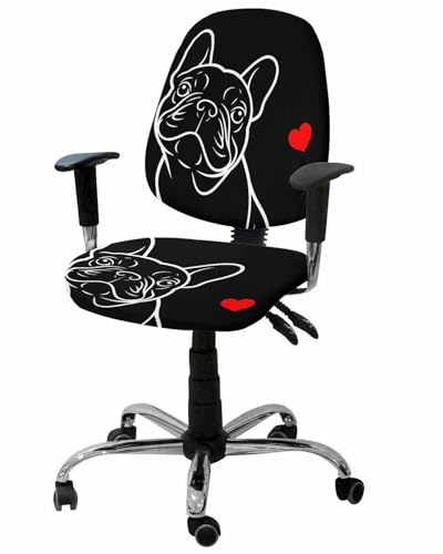 Black Dog 2 Pieces Computer Office Chair Covers Set,Stretchable Desk Rotating Chair Seat Cushion Slipcover Back Covers,Simple Cartoon Cute Animals Love Heart Art Slipcover Back Cover,Protectors Cover