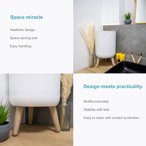 INTIRILIFE Kosmetikeimer hoher Mülleimer in Weiß mit beiger Abdeckung und Bambus-Optik - 22.2 x 36.4 cm - Tischeimer mit Druckknopföffnung für Bad Büro Küche Abfalleimer mit Kratzschutz – Bild 4