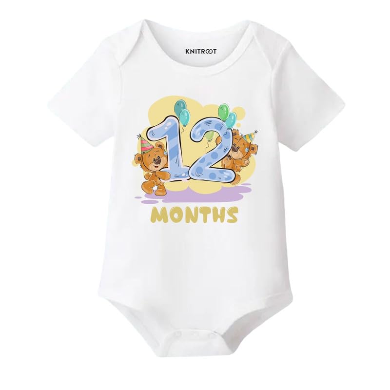 Image of Knitroot Monthly Birthday Teddy Special, Newborn Baby Half Sleeve Unisex Romper, Onesies, Sleepsuit, Body Suit, Envelope Neck, 1 to 12 Months Print, 0-12 Months, Infant Cloth for Boys & Girls