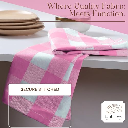 Image of Buffalo Check 4 Pack Kitchen Towels, 16 inchx26 inch, Plaid Dish Towels, 100% Cotton, Absorbent, Washable, Everyday Kitchen Essentials, Soft Cloths for Cleaning, Drying Hands, Pink White