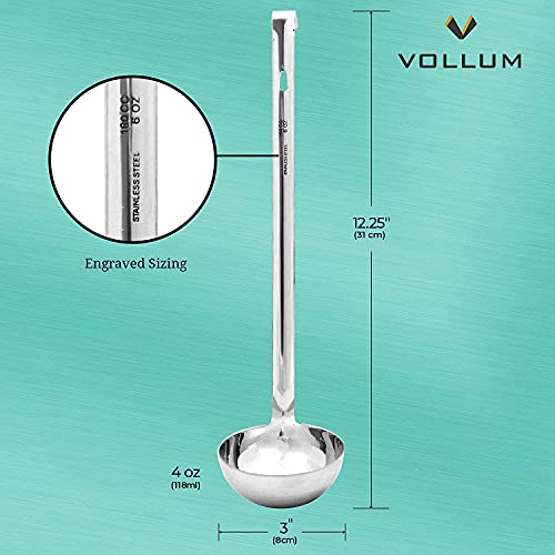Vollum 1-Piece Ladle Heavy Duty Thick Stainless Steel - 4 Ounce (3.1\" Bowl Diameter, 12.25\" Handle Length)