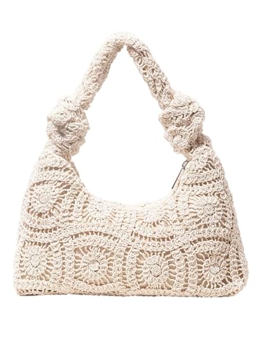 SOLY HUX Womens Hollow Floral Crochet Bags Ruched Knotted Strap Top Handle Bag Boho Travel Vacation Handbags Apricot One Size