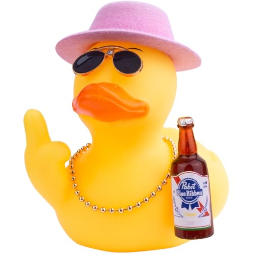 Mwmoeen Pato de goma para el adorno del coche, único pato amarillo coche salpicadero decoraciones accesorios con sombrero superior gafas de sol collar y lindo prop, 9 cm