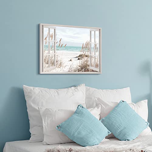 Beach Window Canvas Wall Art: Living Room Blue Ocean Scene Painting Coastal Seascape Picture Bedroom Modern Relaxing Sea Landscape Print Tropical Seaside Artwork Decor for Home Office - Image 5