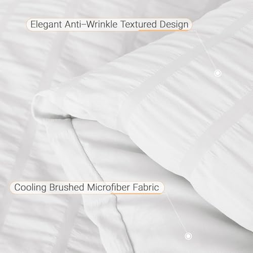 Image of MUXHOMO 7 Pieces King Comforter Set, Seersucker Bed in a Bag King Size, All Season Luxury Bedding Set with Comforter, Flat Sheet, Fitted Sheet, Pillowcases & Shams, White