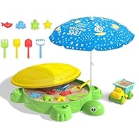 Turtle Sandbox with Lid & Adjustable Umbrella, Sand Pit with Dump Truck, 8PCS Beach Toys Set for Toddler 3-5, Outdoor Indoor Play Sand Activity Sensory Playset Summer Backyard Gift for Boys Girls