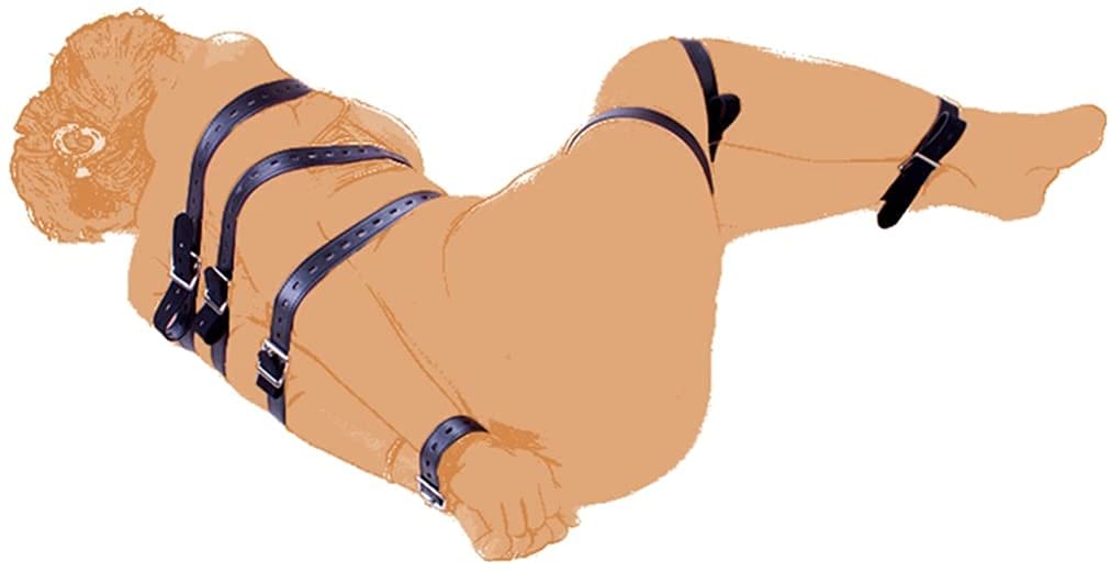 SXOVO 7 piezas SM Sex Bondage Sets Cuerdas de cuero ajustables Esposas Tobilleras con sistema de sujeción Keyhole (Negro x 7)