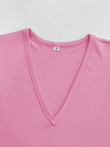 Image of Albe Rita Women Short Sleeve T-Shirt Cap V Neck Shirts for Women Ribbed Casual Top Knit Slim Fit for Summer