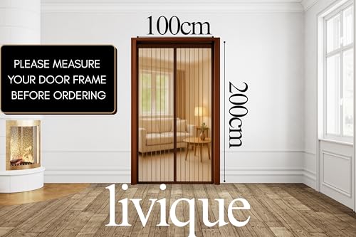 Image of Livique Mosquito Net for Doors with Magnet - Self-Closing - for All Door Types 7 feet - Includes Self-Adhesive Tape, Pins & Instruction - Protects Against Bugs and Flies - Polyester (Brown, 200x100cm)