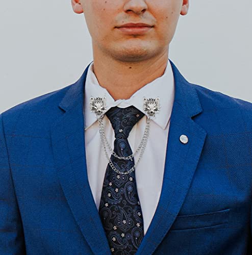 Wolf Head Long Collar Chain Brooch.Punk Gold Silver Chain Tassel Brooch Pin,Cool Animal Head Collar Coat Pin for Men's Corsage Pin Jewelry Gift2
