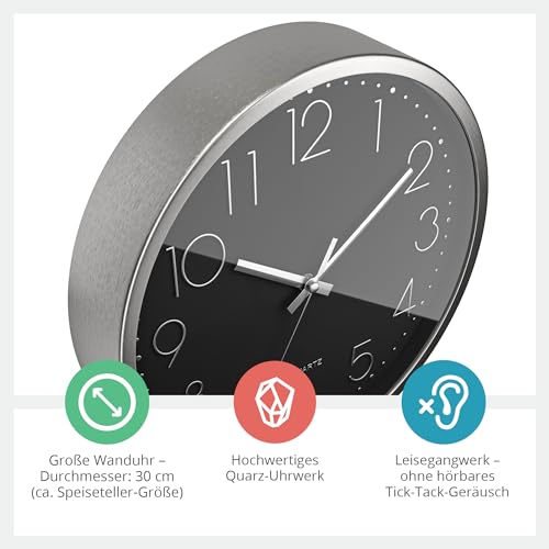 Mebus Wall Clock, Plastic Aluminium, Silver/Black, 30 cm - Image 3