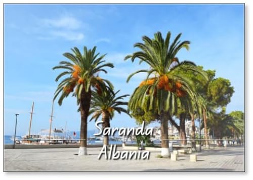 Date Palms on A of Blue Sky with Clouds. Saranda, Albania, Fridge Magnet
