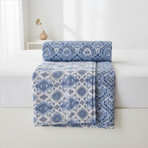 Image of HOMEMONDE 100% Cotton Reversible Dohar Double Bed Size | AC Blanket Comforter | Soft Lightweight Bed Blanket Quilt (84 x 94 Inch, Blue & White, Pack of 1)