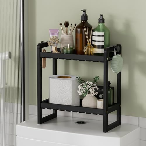 AmazerBath Bamboo Over The Toilet Storage Shelf - 2-Tier Bathroom Organizers and Storage Shelves, 2 in 1 Dual Stable Above Over Toilet Bathrooms Shelf Home Storages Rack for Small Bathroom, Black