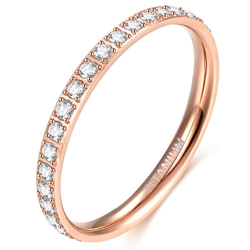 TIGRADE 2mm Women Titanium Eternity Ring Cubic Zirconia Anniversary Wedding Engagement Band Size 3-13, Rose Gold, Size 4