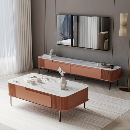 Image of DecorNation Valencia Faux Marble Coffee Table Blush Coral | Stylish Center Table with Storage Drawers | PVD Coated Metal Legs | Modern Accent Furniture for Living Room, Lounge & Home Decor
