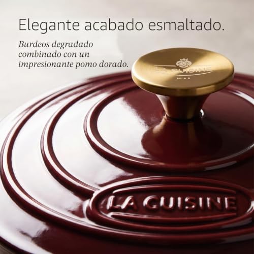 Miniatura 5 de La Cuisine Cazuelas Bajas De Hierro Fundido Esmaltado Sartén 28cm Dia. 3,5 L Revestimiento Interior De Esmalte Negro Mate, Arándano, Asa De Tapa De Acero Inoxidable Chapado En Oro