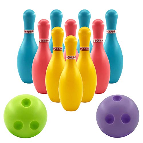 VUXYMCY Ensemble de bowling pour enfants avec 10 broches en polyuréthane souple + 2 balles de quilles pour enfants Cover