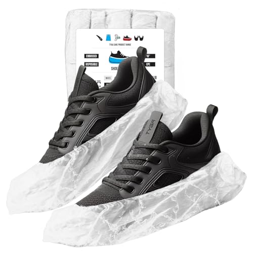 TYGA Disposable Shoe Covers, 100 Pack White Overshoes, Waterproof & Anti-Slip Plastic Boot Covers, Dustproof Floor & Carpet Protectors One Size Fits Most