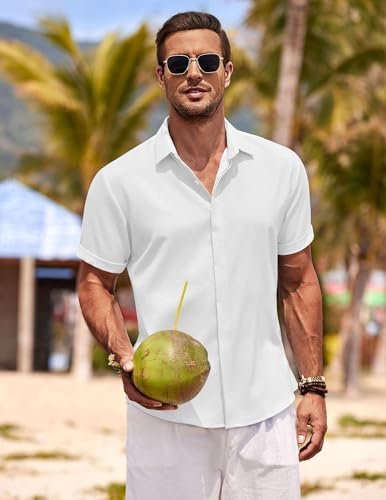Image of COOFANDY Men's Linen Shirts Short Sleeve Casual Shirts Button Down Shirt for Men Beach Summer Wedding Shirt